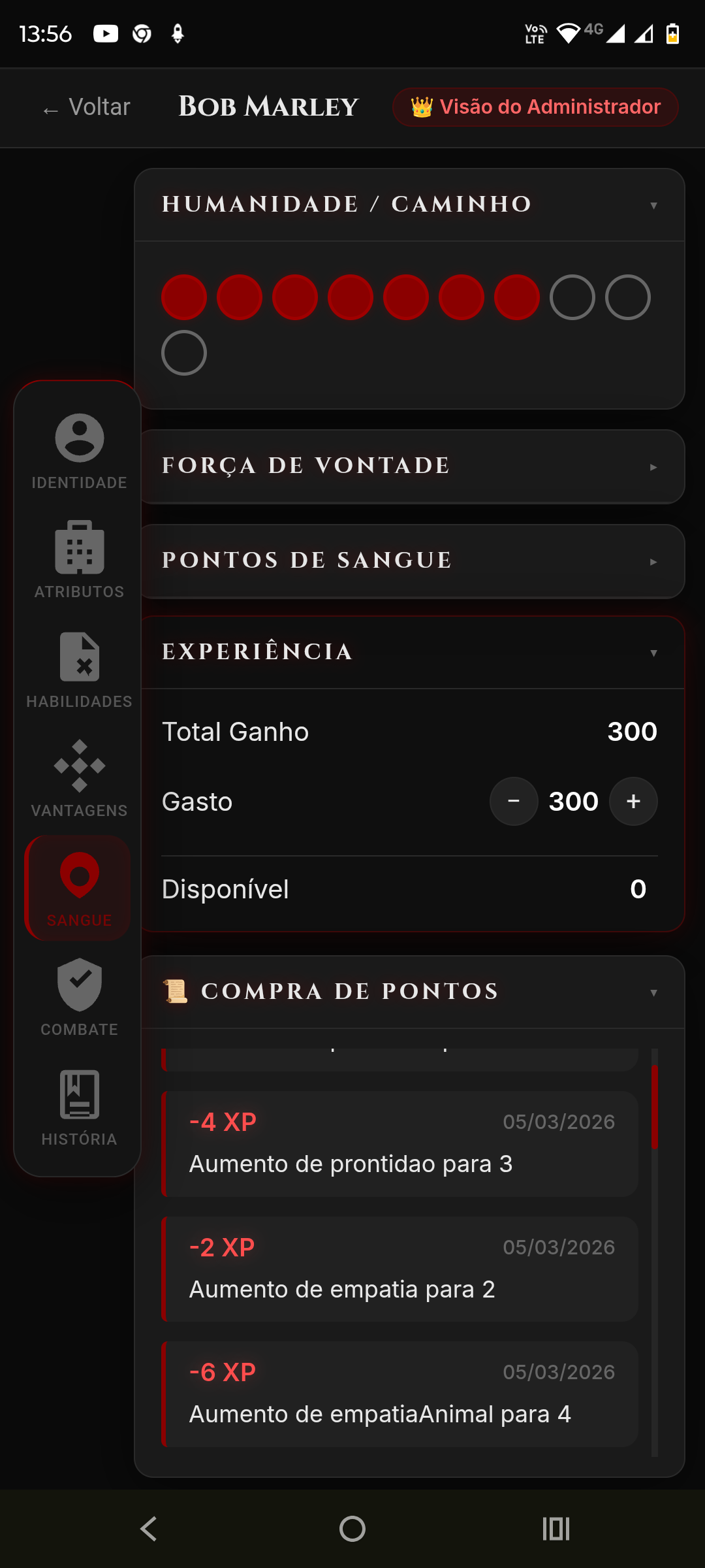 Histórico de XP na Aba Sangue